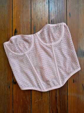 Pink sparkle lined fishnet teacup bra boned corset top w hook & eye closure